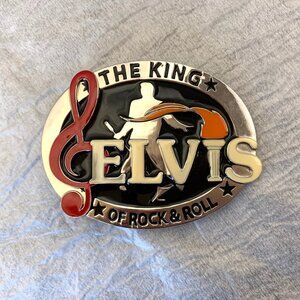 Elvis The King of Rock & Roll Men's Belt Buckle, oval 4”x3” centres